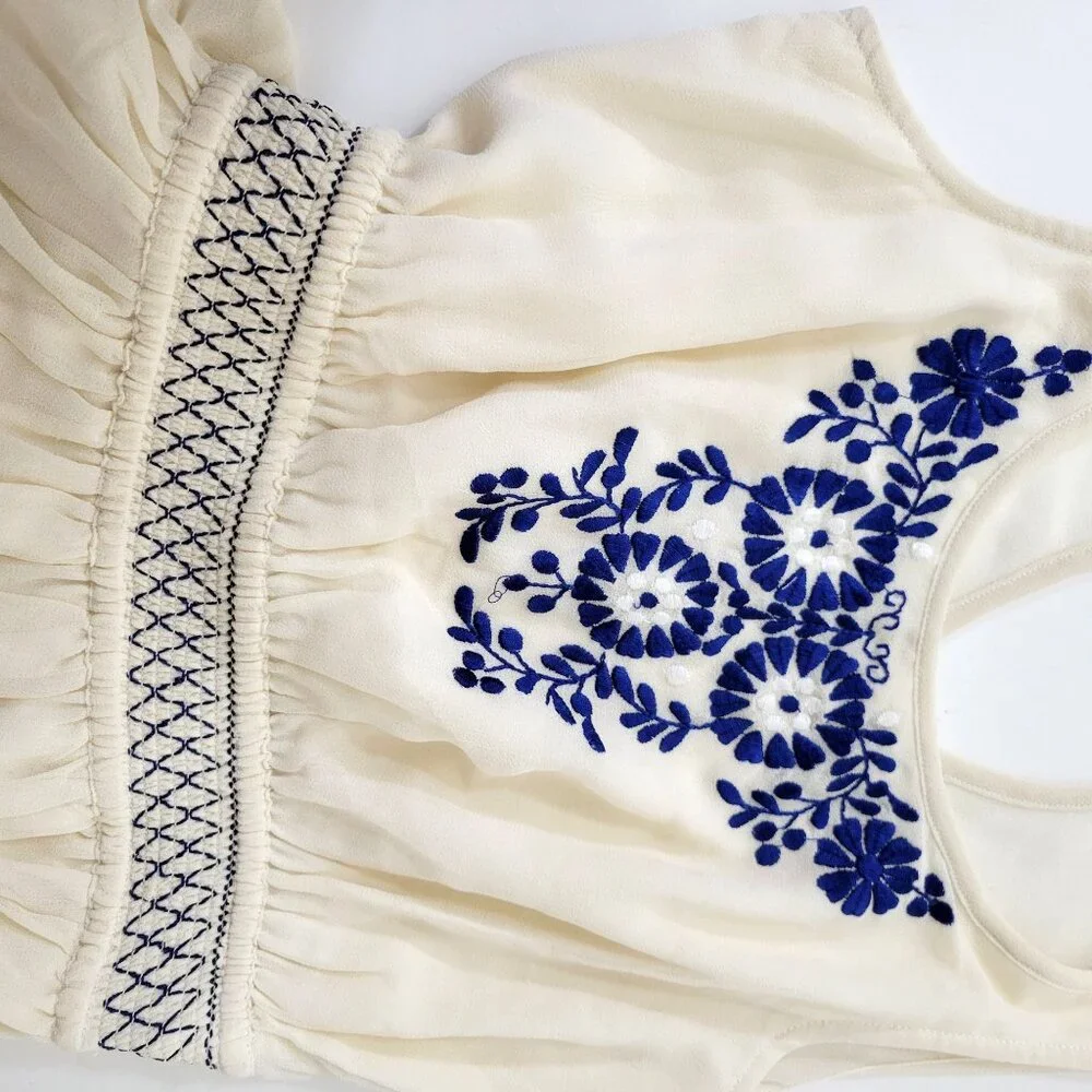 Ecote Cream and Blue Embroidered Sleeveless Mini Dress - Picture 5 of 6